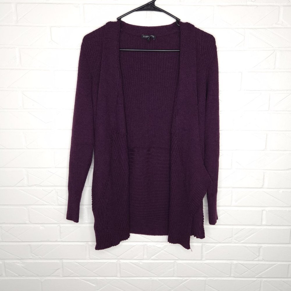 Eileen Fisher 100% Merino Wool Deep Purple Rib Knit Open Front Cardigan Sweater